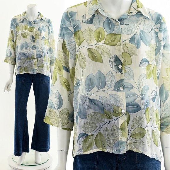 Leaf Print Shirt,Ombre Green Leaf Blouse,Semi Sheer Blouse,Gauzy White Blouse,Sh - Picture 2 of 10